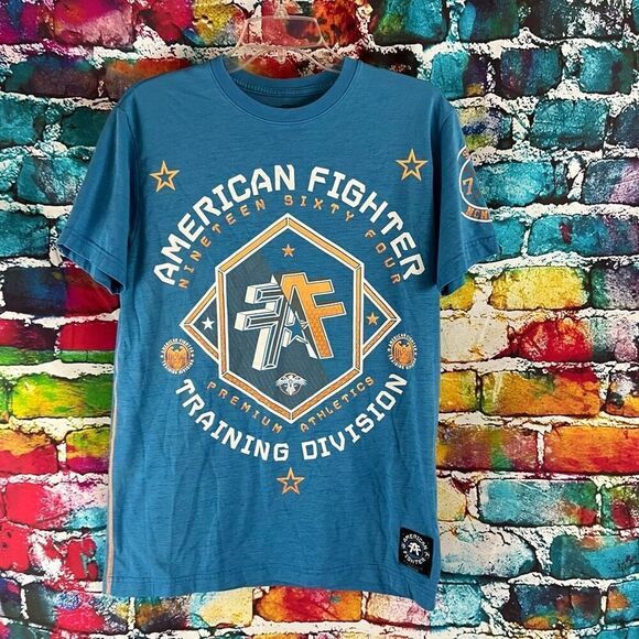 American Fighter Short Sleeve Graphic Tee T-Shirt Blue Orange Size Medium - Picture 1 of 5